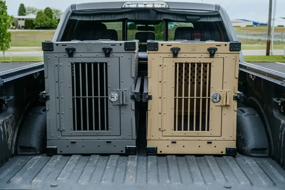 A dog settled in a secured travel crate inside a vehicle