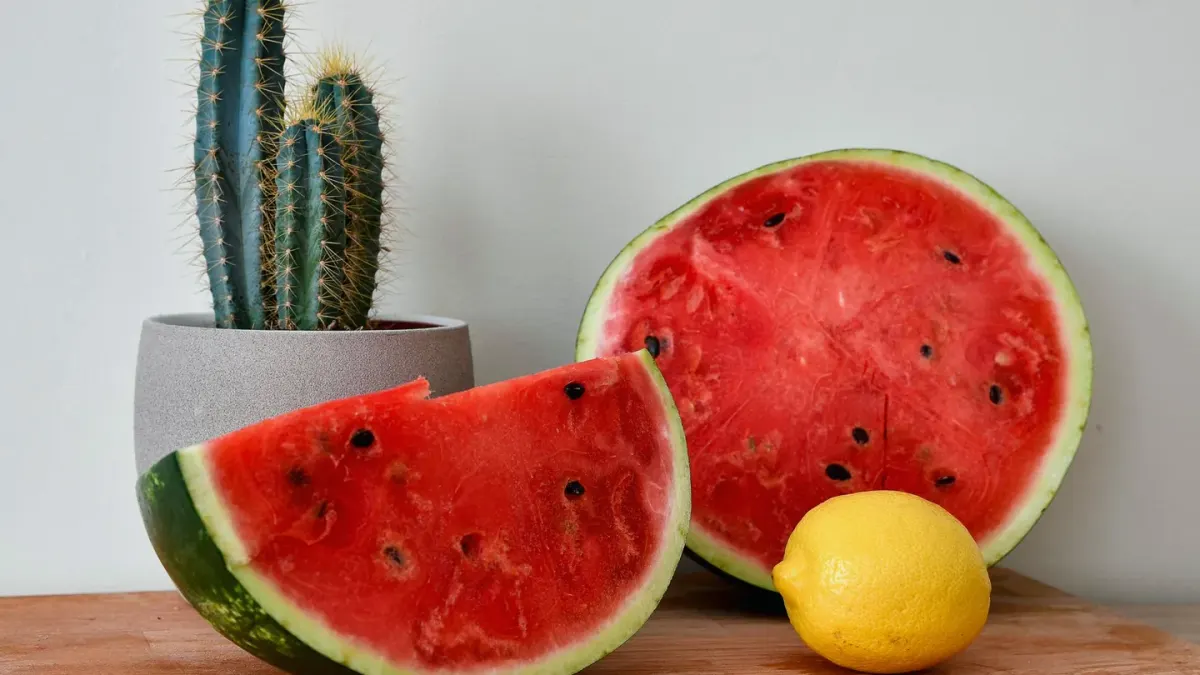 Slices of watermelon on a cutting board beside a curious dog